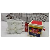 Wire basket, jack in the box and coffee cup set.