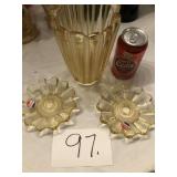 FOSTORIA LIGHT YELLOW CANDLE HOLDERS & VASE