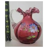 Fenton Handpainted Cranberry Pitcher