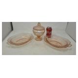 3 pieces of pink depression glass.