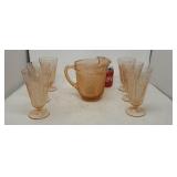 Pink depression pitcher tumblers.