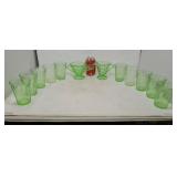 Green depression glass & creamer & sugar.