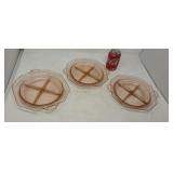 3 pink depression divided plates.