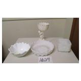 3 PC MILK GLASS & RUBONS CERMIC TULIP PLANTER