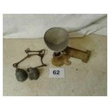 Brass bells & old cast iron store scales