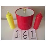 ICE BUCKET, MUSTARD & KETCHUP BOTTLES