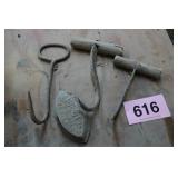 3) OLD HAY HOOKS, SAD IRON