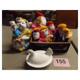 COOKIE JAR, MILK GLASS HEN, STUFFED BEANIES
