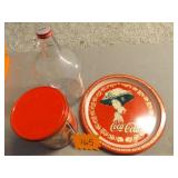 COCA COLA TIN, TRAY, GALLON GLASS JUG