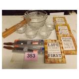 SALAD SET, PICTURES, KNIVES, TOWEL HOLDER, ETC.