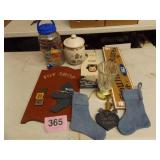 WOODEN SIGN, LAMP, JARS