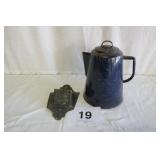 GRANITEWARE COFFEE POT, MINOR DAMAGE AT TOP