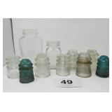 VINTAGE BUTTERNUT JAR, 8 VINTAGE INSULATORS,