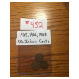 1905, 1906, 1908 US. INDIAN CENTS