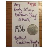 VERY EARLY SILVER GERMAN NAZI 5 MARK...1936
