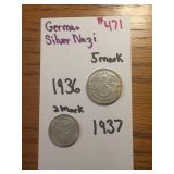 GERMAN SILVER NAZI 5 MARK 1936, 1937 -2 MARK