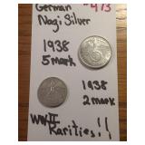 GERMAN NAZI SILVER 1938-5 MARK, 1938-2 MARK,