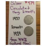 SILVER CIRCULATED NAZI 2 MARKS 1937, 1939-2 MARKS