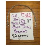 GOLD/STERLING 8" MULTI COLOR TENNIS BRACELET 9.2G.