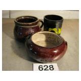 3 CROCK BOWLS, OLD BEAN BOWL, PAINTED