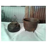 Iron kettle & 9" footed pot