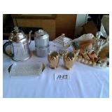 VINTAGE COFFEE POT, GOLD VASES,LIGHT UP SHELL