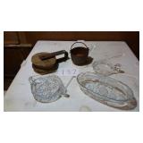 WOOD PULLEY, IRON KETTLE, GLASSWARE