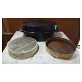 ROASTER & 2 VINTAGE METAL PANS