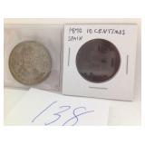 1870 10 CENTIMOS SPAIN, 1959 SILVER PESO MEXICO