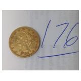 1880 GOLD FIVED COIN