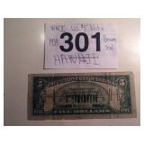 1934 WWII US $5 NOTE, BROWN SEAL (HAWAII)