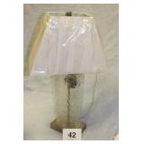 GLASS LAMP, SHADE IS PLASTIC 16 X 29 X 9