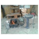 Wicker basket, car jack, extention cord, bird