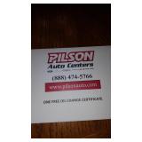 CERTIFICATE FOR OIL CHANGE FROM PILSONS