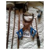 2 MINI SAWS, OIL CAN, RAKE, HOE, ETC.
