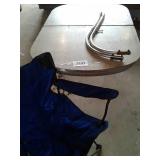 VINTAGE TABLE, LEG NEEDS FIXED, BLUE CHAIR