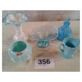 FOSTORIA MILK GLASS; MILK GLASS FLUTED VASE, ETC..