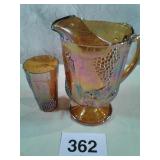 CARNIVAL GLASS PITCHER AND DRINKING GLASS