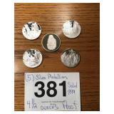 (5) SILVER MEDALLIONS SOLID .999...4-1/2 OZ. PROOF