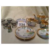 ORIENTAL TEA POT, SUGAR AND CREAMER, PLATES ETC.