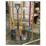 GARDEN TOOLS; POST HOLE DIGGER, SHOVEL, HAY FORKS