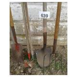 GARDEN TOOLS; POST HOLE DIGGER, SHOVEL, HAY FORKS