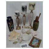 SEA SHELLS, ORIENTAL VASE; CANDLE HOLDERS