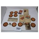 OLD BEER COASTERS, INK BLOTTER, CARDTRICK BOOK