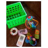 BABY TOYS IN SMALL PLASTIC CRATE, V TECH SLIDE &
