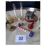 MISC LOT OF FIGURINES, CANDLES, LIGHTS, ETC