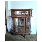 OAK CURVED GLASS LIGHTED CURIO CABINET WITH CLAW