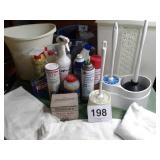 MISC BATHROOM ITEMS - TOWELS, CLEANERS, HAMPER,