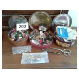 3 TINS FULL OF MISC SEWING ITEMS - VTG BUTTONS,