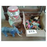 CRAYONS, ELEPHANT, BOX OF SMALL TOYS